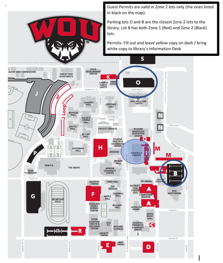 Map of Western Oregon University with closest parking lots to Hamersly Library marked. 