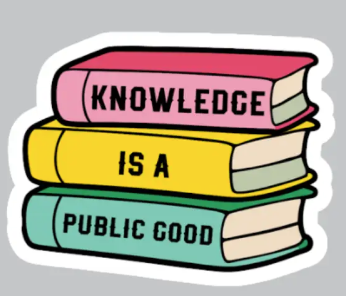 Stack of books with the text "Knowledge is a Public Good"